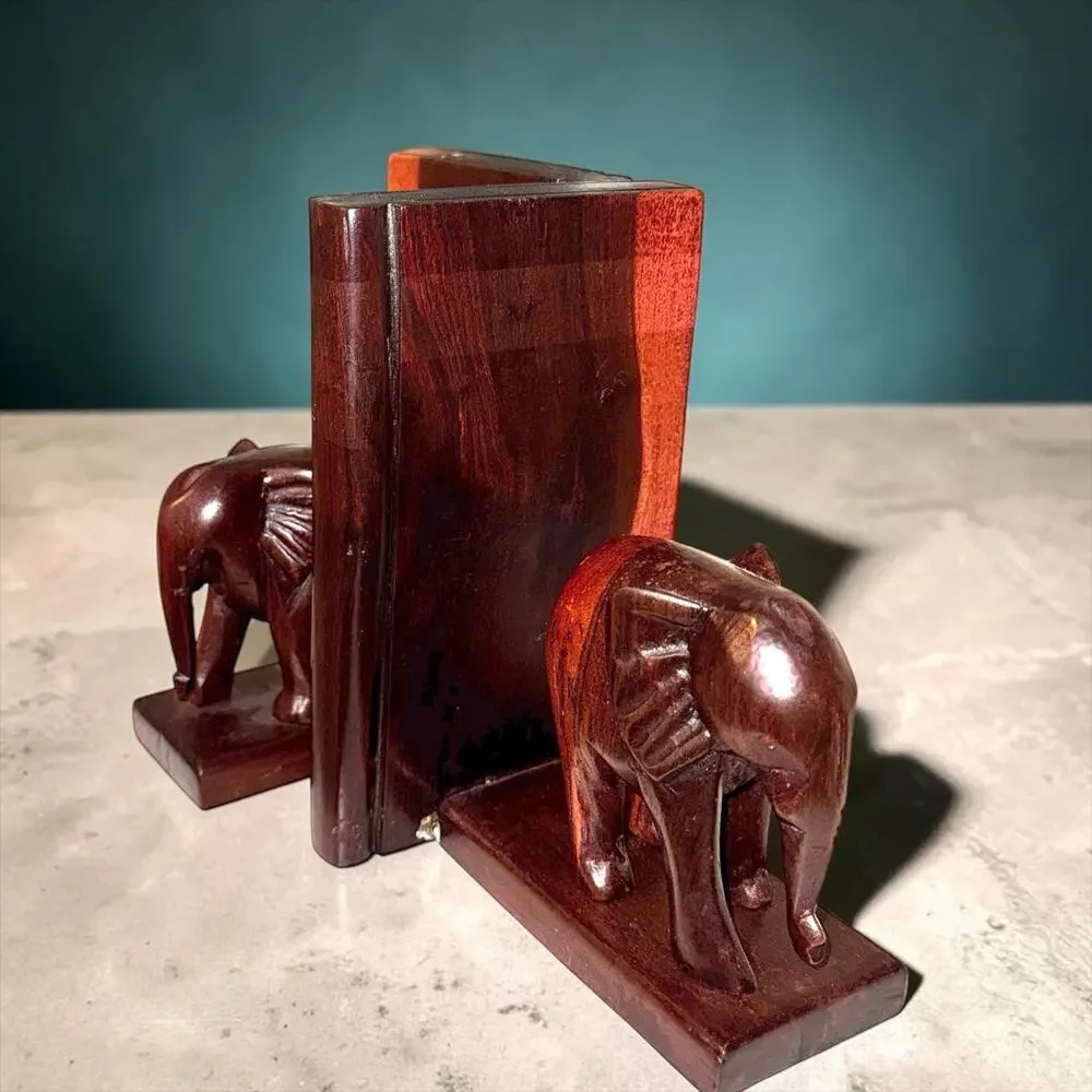 Vintage Wooden Elephant Bookends | Carved Elephant Shelf Decor Pair